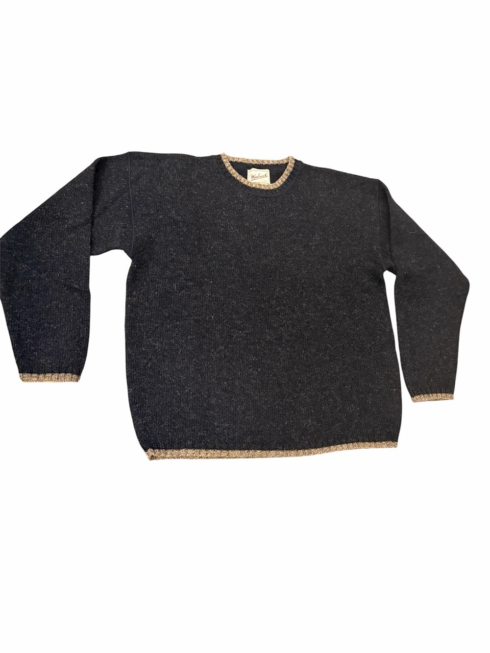 Woolrich men’s navy gray tan trim wool blend crewneck sweater size large